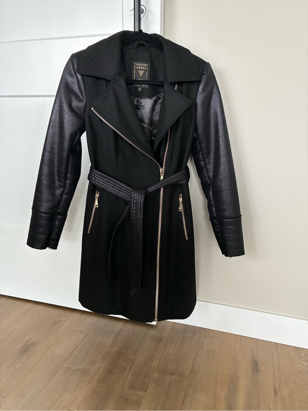 Guess by Marciano Black Mixed-Media Belted Trench with Textured Sleeves
